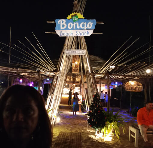 Click here for Sweet Earth Goa Guide Entrance to Bongo Beach Shack illuminated at night.
