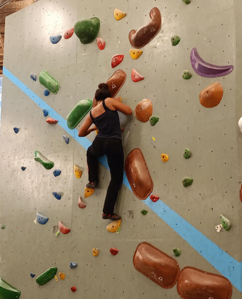 Click here for Sweet Earth Goa Guide Equilibrium Climbing Station in Anjuna, Goa. Covered rock climbing wall with climber ascending colorful holds.