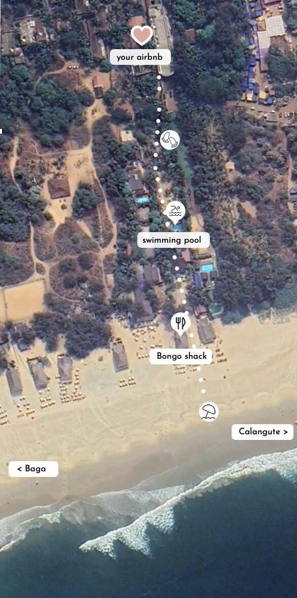 Your airbnb and Calangute / Baga beach Map showing the Airbnb, nearby pool, beach access, and beachfront dining.